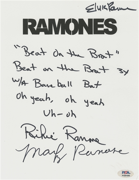 THE RAMONES. Handwritten Ramones Lyrics Sheet (SIGNED). She...