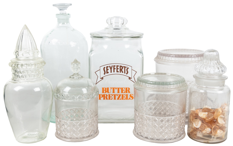  Group of 7 Vintage Glass Display Jars with Lids or Stoppers...