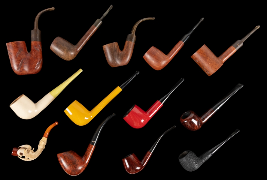  Group of 14 Pipes and Rack with Humidor. Includes 14 pipes ...