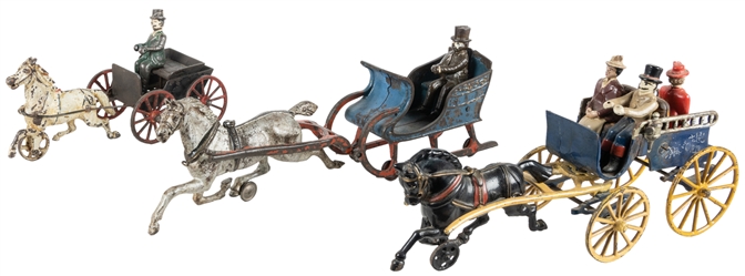  Two Cast Iron Horse Drawn Carriages and One Sleigh. One car...