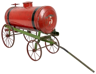  Painted Horse-Drawn Water Tank Wagon on Wheels. [Ca. 19th -...