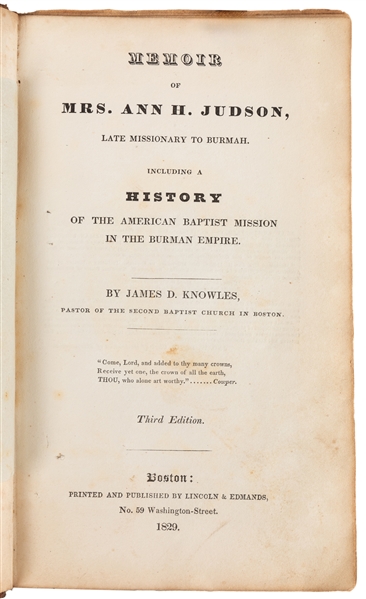  KNOWLES, James D. (1798-1838). JUDSON, Mrs. Ann H. (1789-18...