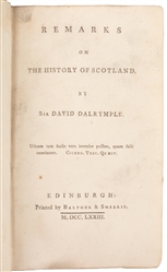  DALRYMPLE, Sir David (1726-1792). Remarks on The History of...