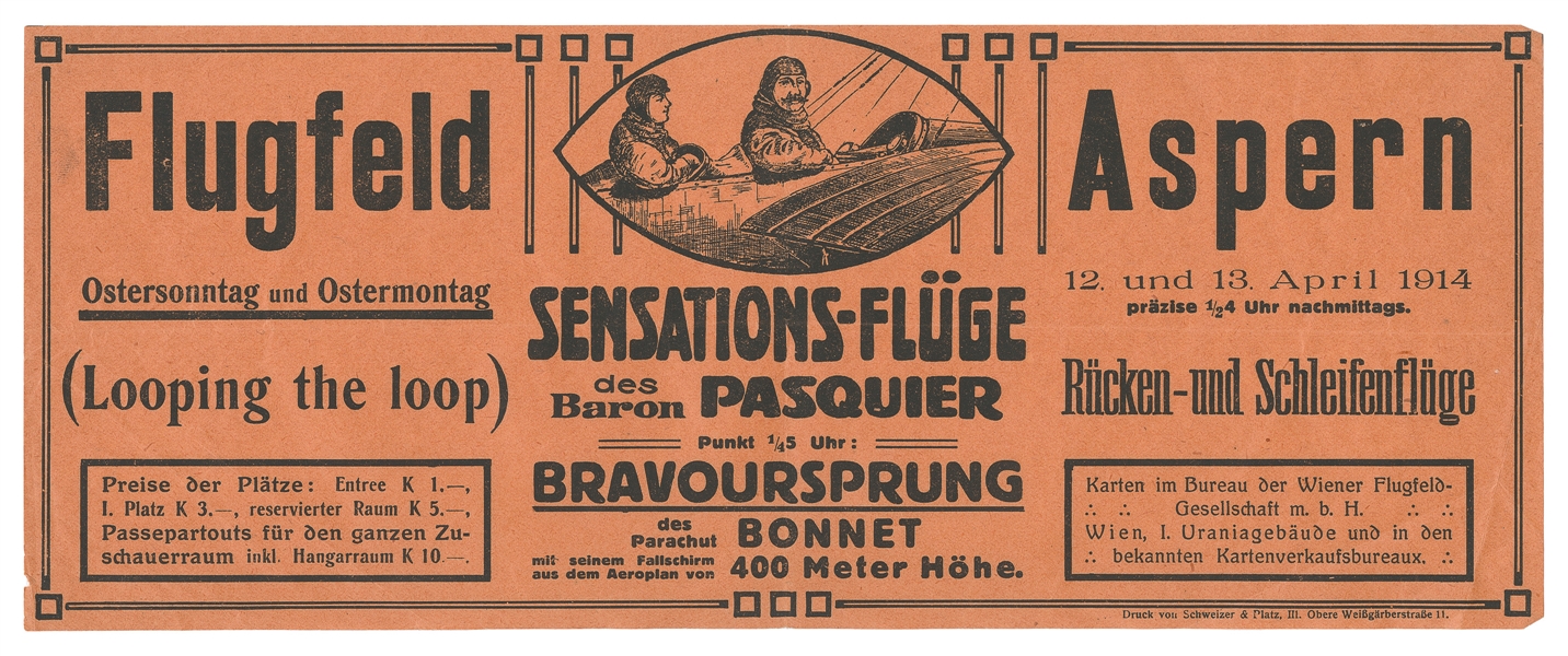  [STUNT AVIATION]. Handbill: “Flugfeld Aspern 12, und 13 Apr...