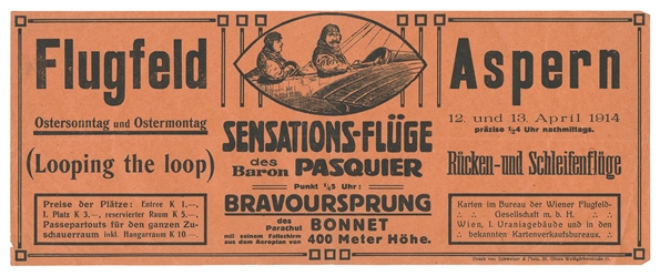  [STUNT AVIATION]. Handbill: “Flugfeld Aspern 12, und 13 Apr...