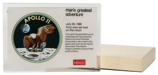  [NASA MEMORABILIA]. Owens/Corning Fiberglas Lucite Plaque, ...