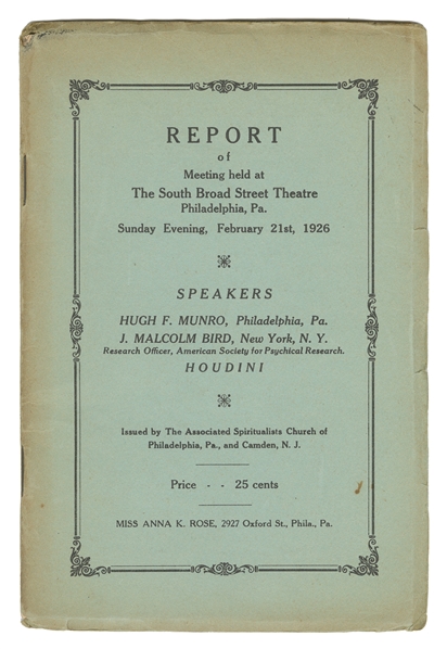  [HOUDINI] ROSE, Anna K. Report of Meeting Held at South Bro...