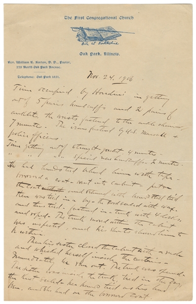  HOUDINI, Harry (Erik Weisz, 1874 – 1926). Firsthand Account...