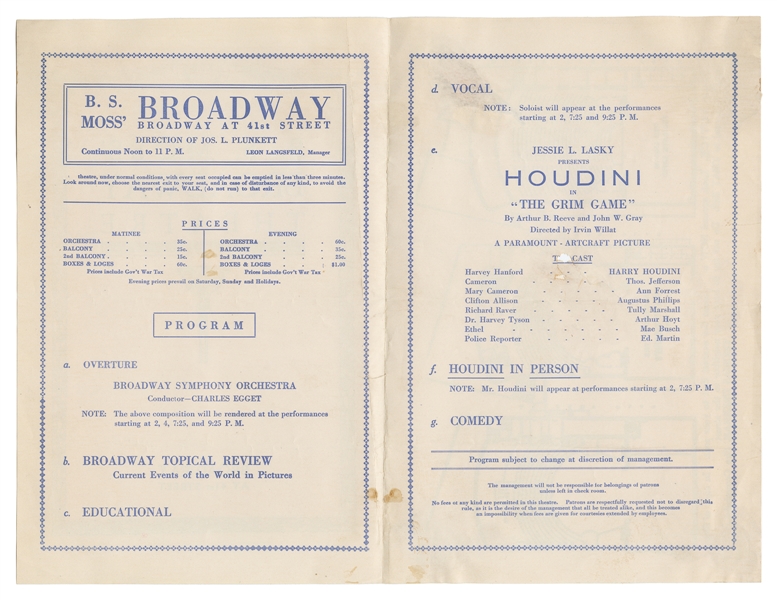  HOUDINI, Harry (Erik Weisz, 1874 – 1926). Houdini Grim Game...