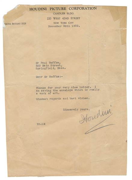  HOUDINI, Harry (Erik Weisz, 1874 – 1926). Houdini TLS on Pi...