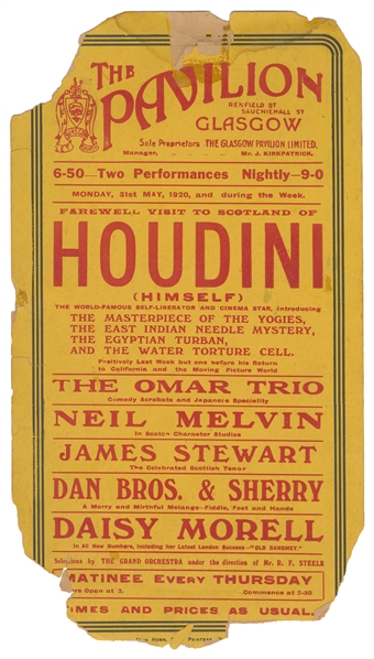  HOUDINI, Harry (Erik Weisz, 1874 – 1926). Glasgow Pavilion ...