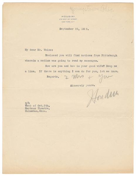  HOUDINI, Harry (Erik Weisz, 1874 – 1926). Houdini TLS to Re...