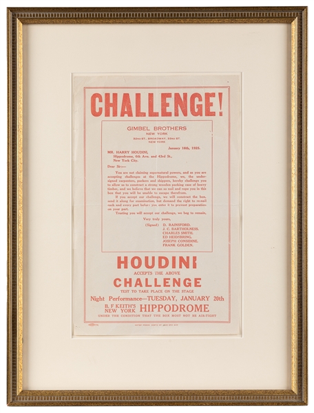  HOUDINI, Harry (Erik Weisz, 1874 – 1926). Gimbel Brothers P...