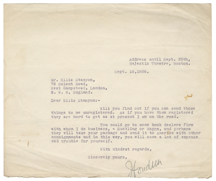  HOUDINI, Harry (Erik Weisz, 1874 – 1926). Houdini TLS to Fe...
