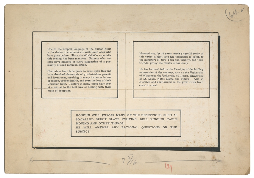  HOUDINI, Harry (Erik Weisz, 1874 – 1926). Original Pen-and-...