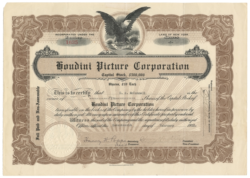  HOUDINI, Harry (Erik Weisz, 1874 – 1926). Signed Houdini Pi...