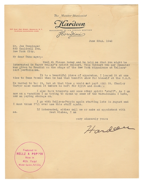  [HOUDINI] HARDEEN, Theo (1876–1945). TLS from Hardeen to Du...