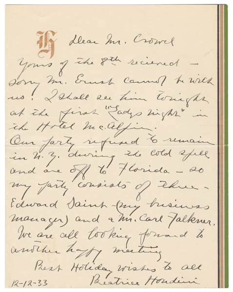  HOUDINI, Beatrice (1876 – 1943). Beatrice Houdini Autograph...