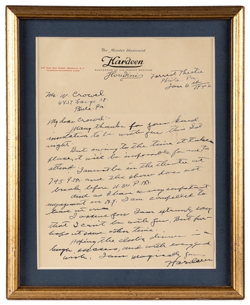  HARDEEN, Theo (1876–1945). ALS From Hardeen to the Houdini ...