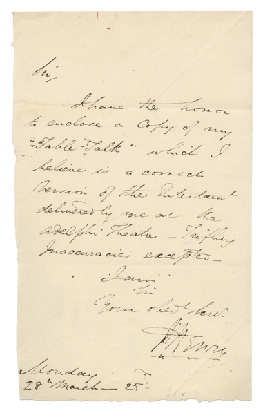  HENRY, M. Autograph Letter Signed by M. Henry the Magician....