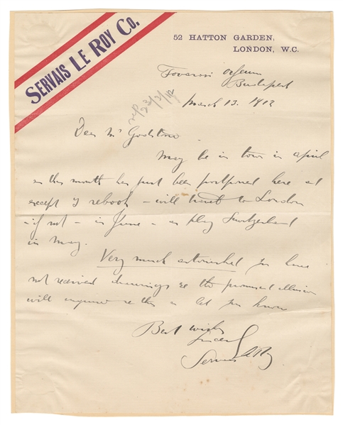  LEROY, Servais (1865 – 1953). ALS to Will Goldston. Dated M...