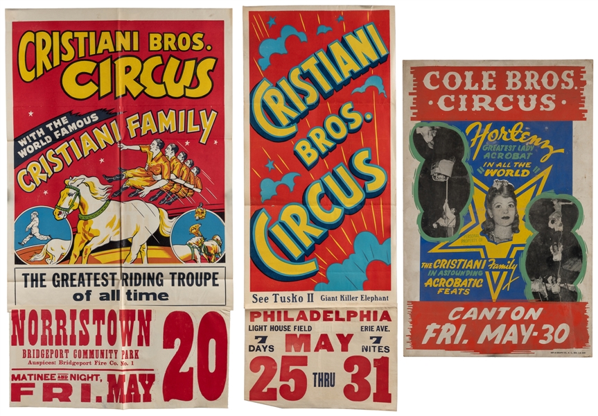  Pair of Cristiani Bros. Circus Posters, and a Cole Bros. Wi...