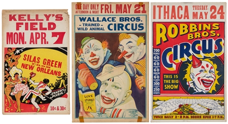  Three Circus Window Cards. 20th century. Color window cards...