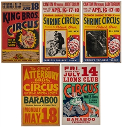  Group of Five Circus Window Cards. Color window cards. 22 x...
