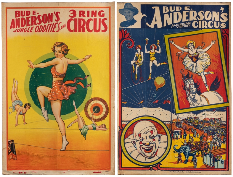  Bud E. Andersons Circus. Two one-sheet posters. Circa 1930...