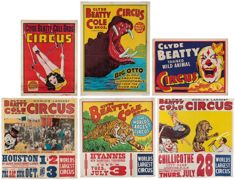  Clyde Beatty-Cole Bros. Circus. Group of 6 half-sheet poste...