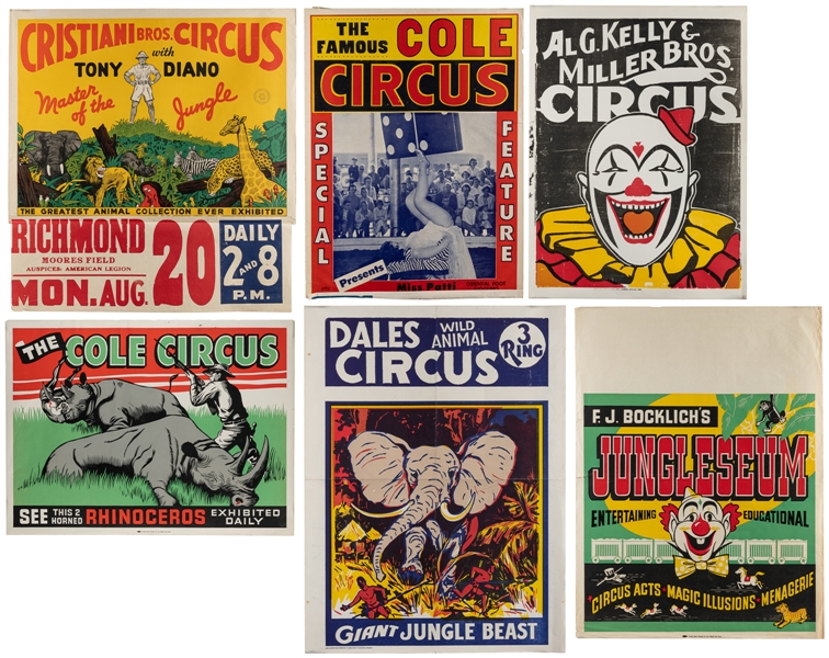  [CIRCUS]. Group of 6 half-sheet posters. Circa 1940s-60s. I...