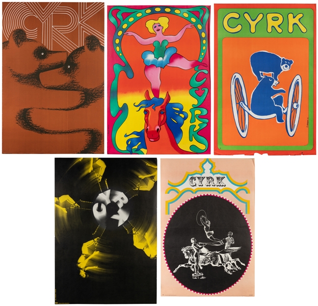 VARIOUS DESIGNERS. Group of 5 Polish circus posters. 1960s-...