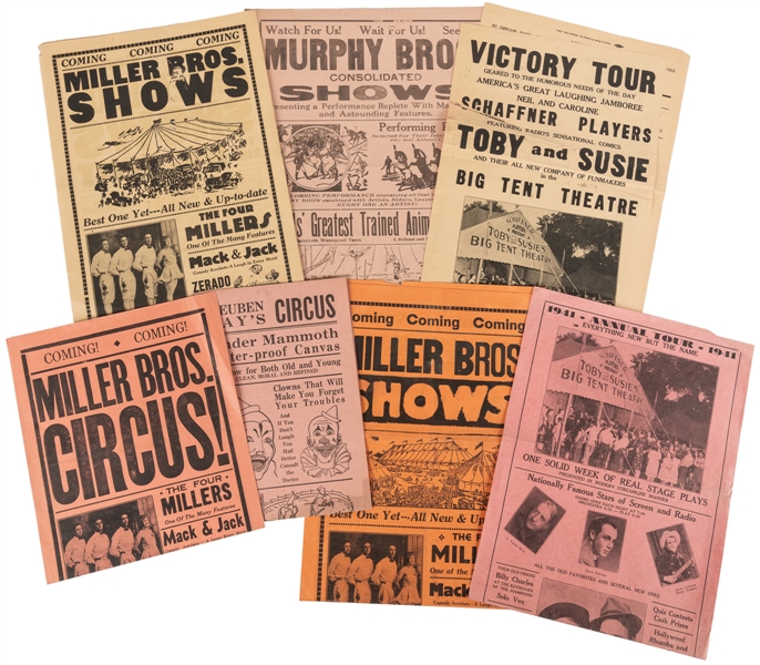  Group of 7 American circus heralds. Circa 1930s. Includes: ...