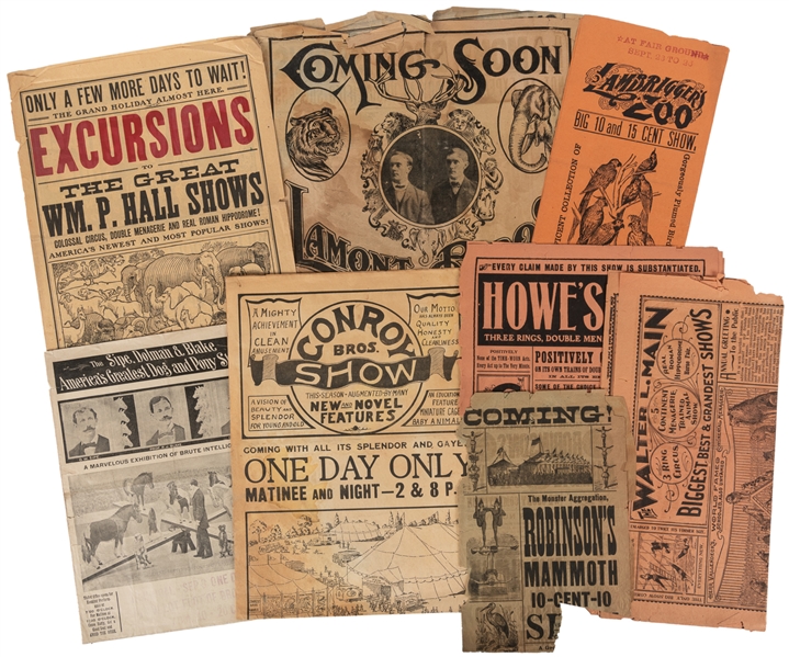  Group of 8 American circus heralds and a courier. V.p., ca....
