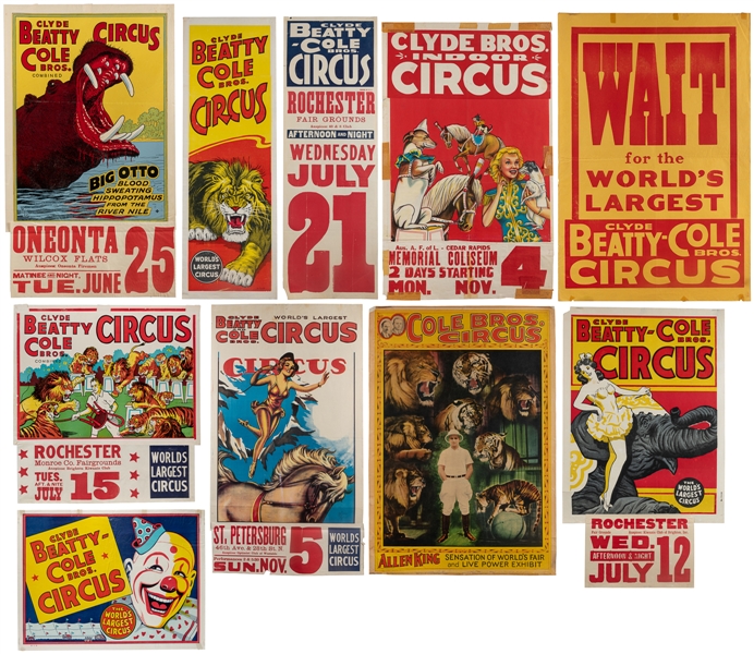  Clyde Beatty and Cole Bros Circus. Group of 10 posters. Ame...