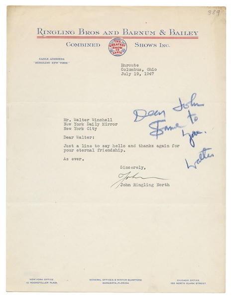  RINGLING NORTH, John (1903 – 1985). Typed letter signed. Co...