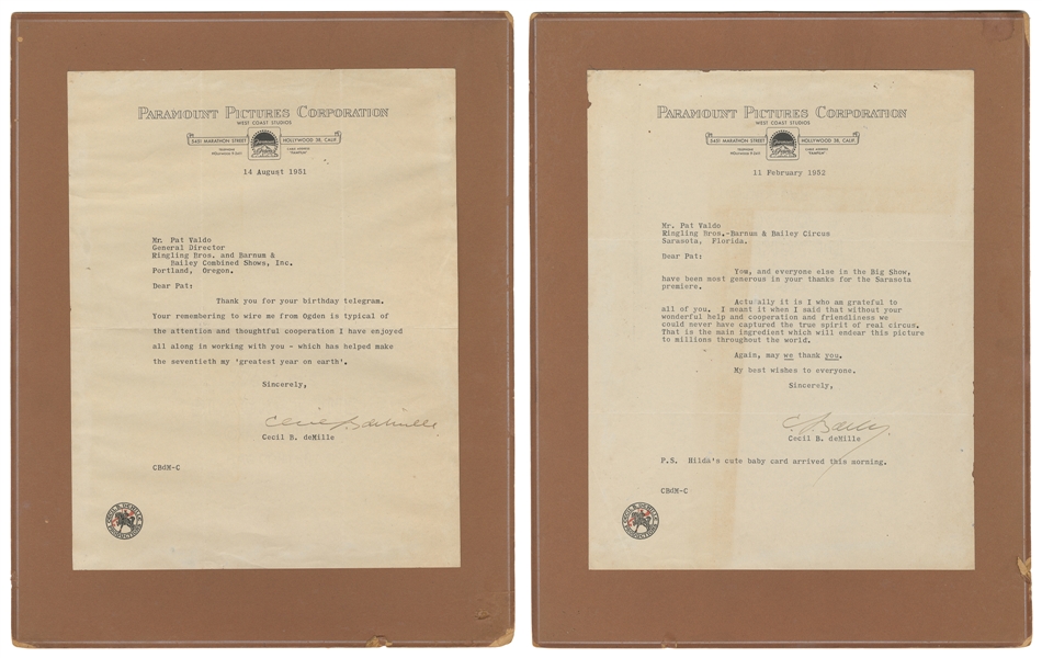 DEMILLE, Cecil B. (1881 – 1959). Two TLSs to Pat Valdo. Hol...
