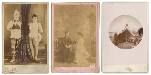  Four circus cabinet and mounted photographs. Including a la...