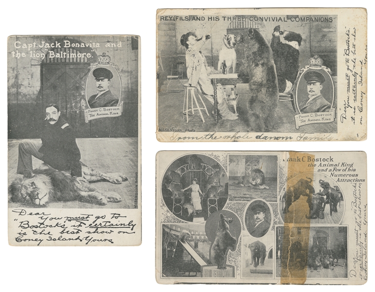  Three Bostock Menagerie Postcards. Three postcards depictin...