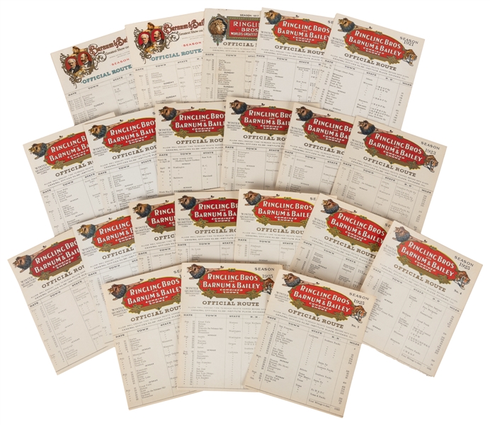  [ROUTE CARDS]. Large Group of Route Cards for Ringling Bros...