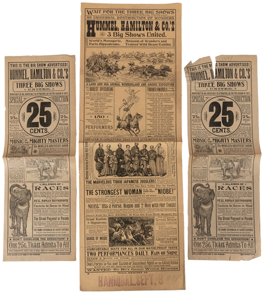  Hummel, Hamilton & Co. Three Big Shows. Three circus herald...