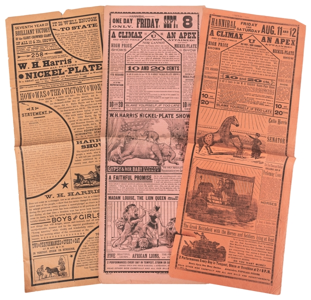 W.H. Harris Nickel-Plate Shows. Three heralds. 1890s. Three...