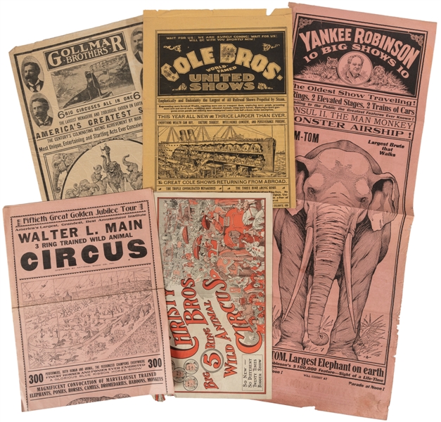  Group of 5 American circus heralds and courier. V.p., ca. 1...