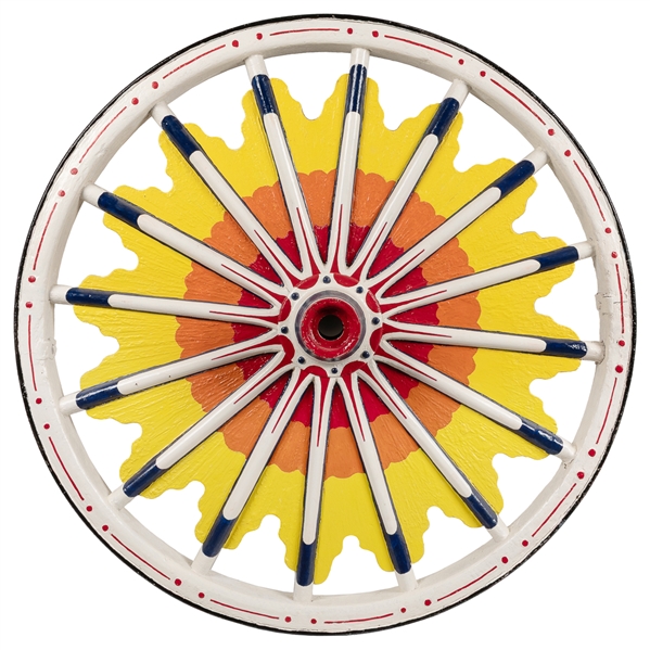  Large Sunburst Circus Wagon Wheel. Circa 19th/20th century....