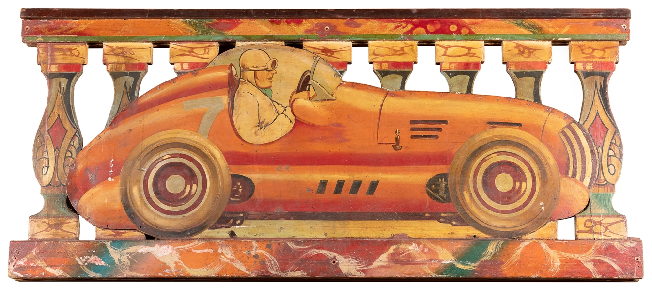  Painted Wood Fairground Race Car Attraction Sign. Double-si...