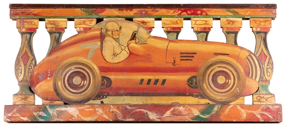  Painted Wood Fairground Race Car Attraction Sign. Double-si...