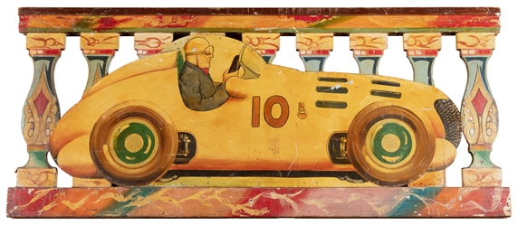  Painted Wood Fairground Race Car Attraction Sign. Double-si...