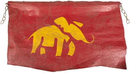  Circus Elephant Vinyl Banner. Red vinyl banner on wooden ba...