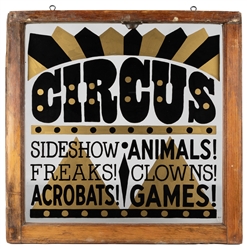  Circus Glass Window. In a wooden frame, lettered in black a...