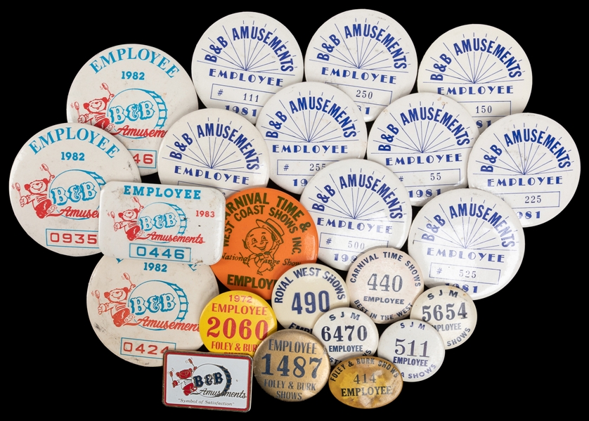  Group of 23 Carnival Employee Badges. Circa 1970s-80s. Incl...